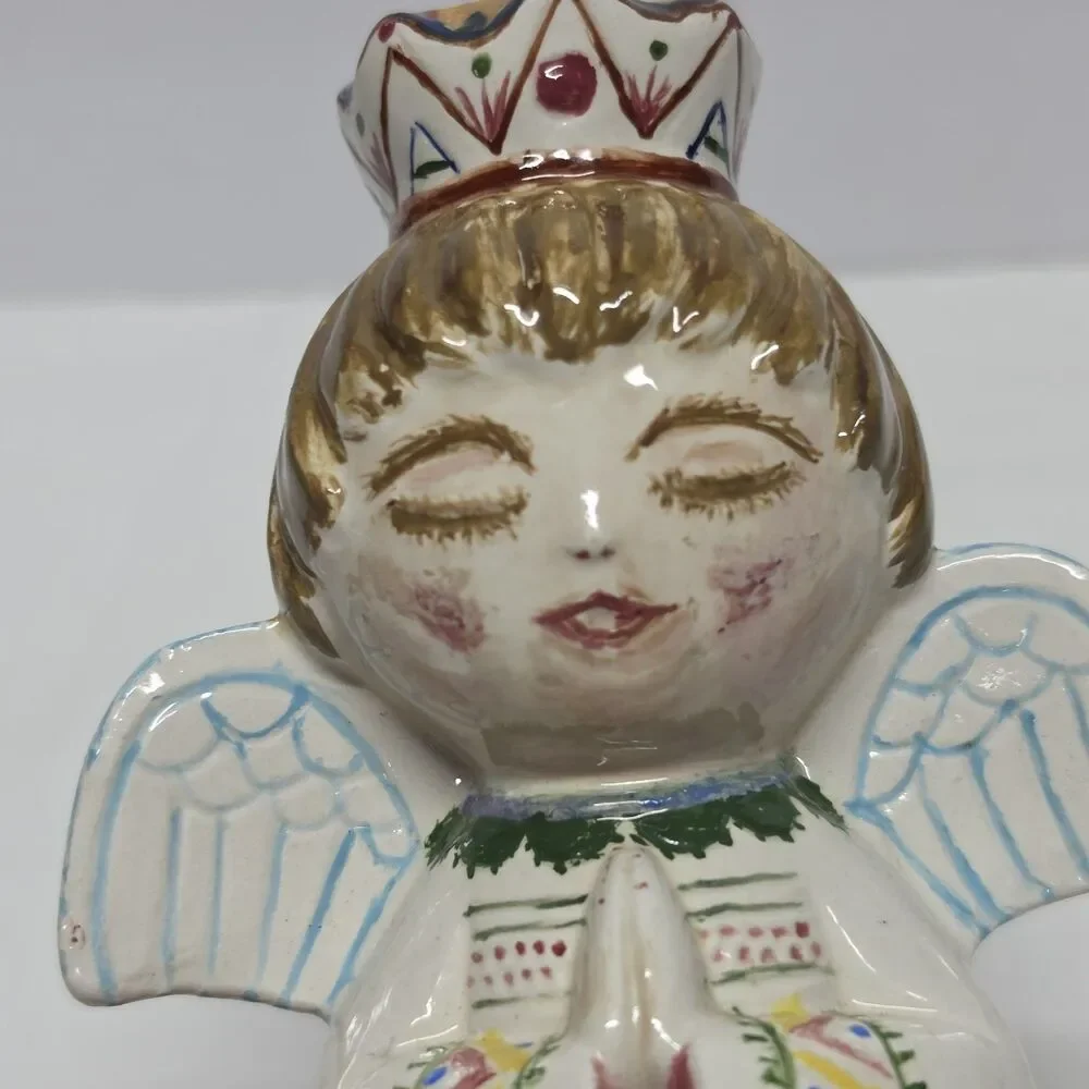 Vintage Signed Art Pottery Praying Angel Figurine Hand painted